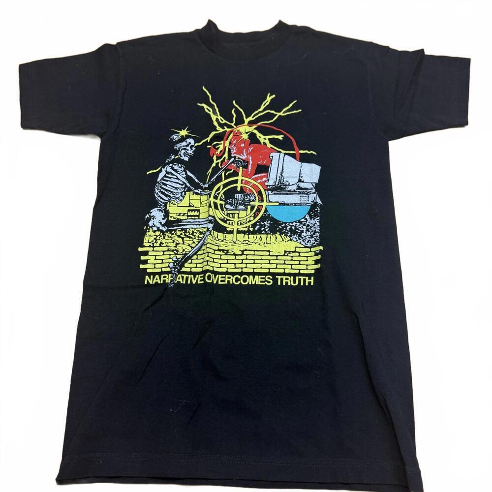 Black Graphic Crewneck T-Shirt with Yellow & Red Print
